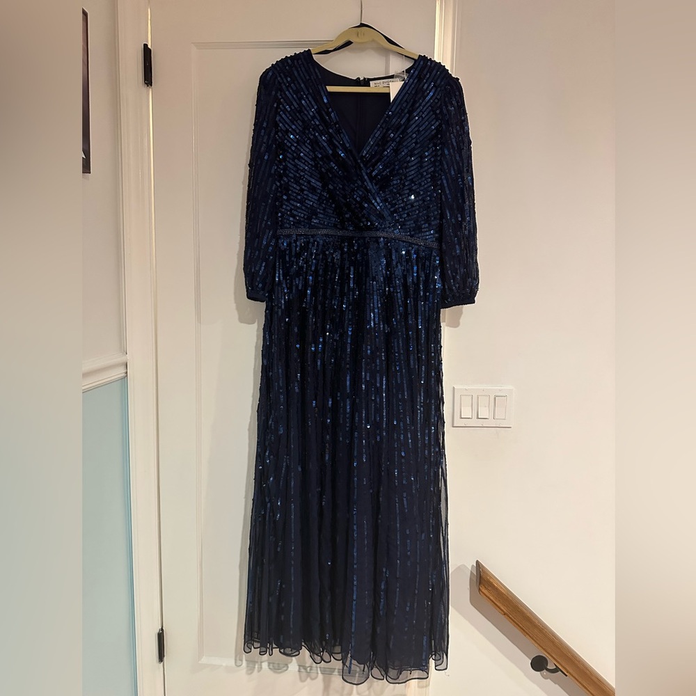 Mac Duggal Navy Sequin V-Neck Maxi Gown - Picture 2 of 7